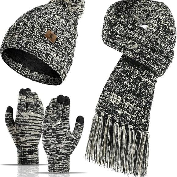 Accessories - Women’s Fleece Lined Warm Winter Beanie Hat, Scarf & Touchscreen Gloves Set